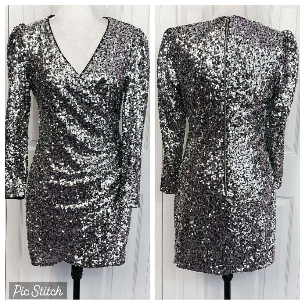Bardot Shiny Silver Metallic Sequin Long Sleeve Faux Wrap Mini Dress 10